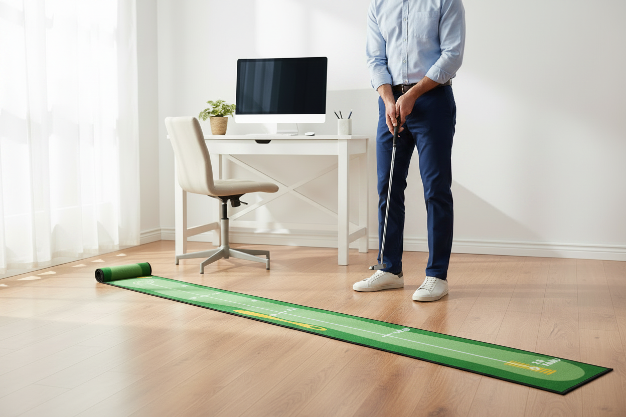Golfer Standing with Putting Mat